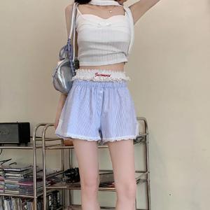 Korean street striped sexy two-piece casual shorts women's summer new lace underwear wide leg shorts Womenswear Bottom Streetwear Fitted Basic Blue