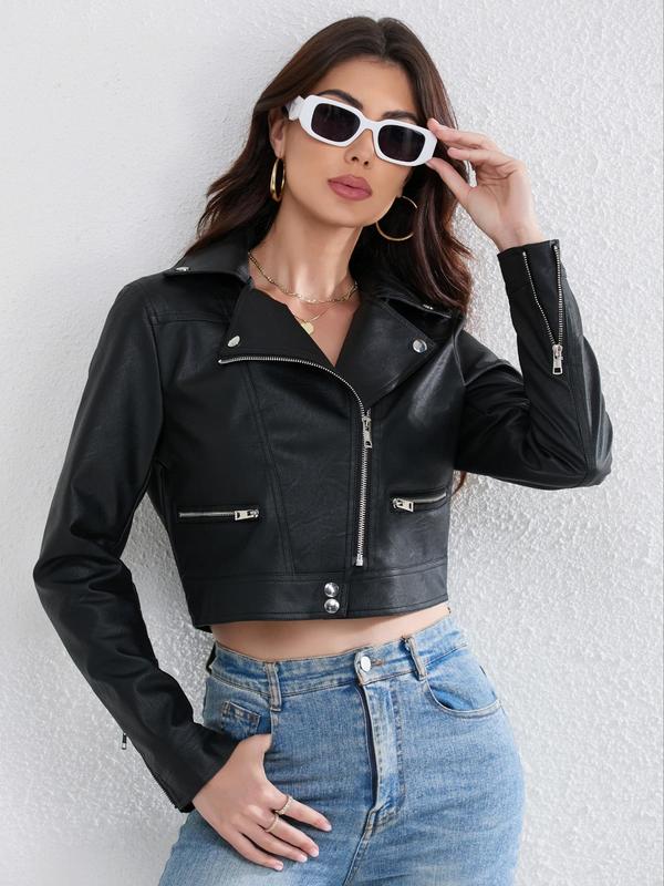 Women's Solid Color Lapel Collar Zipper PU Leather Crop Jacket, Street Fashion Long Sleeve Button Outerwear for Daily Outdoor Wear, Ladies Clothes for All Seasons 4