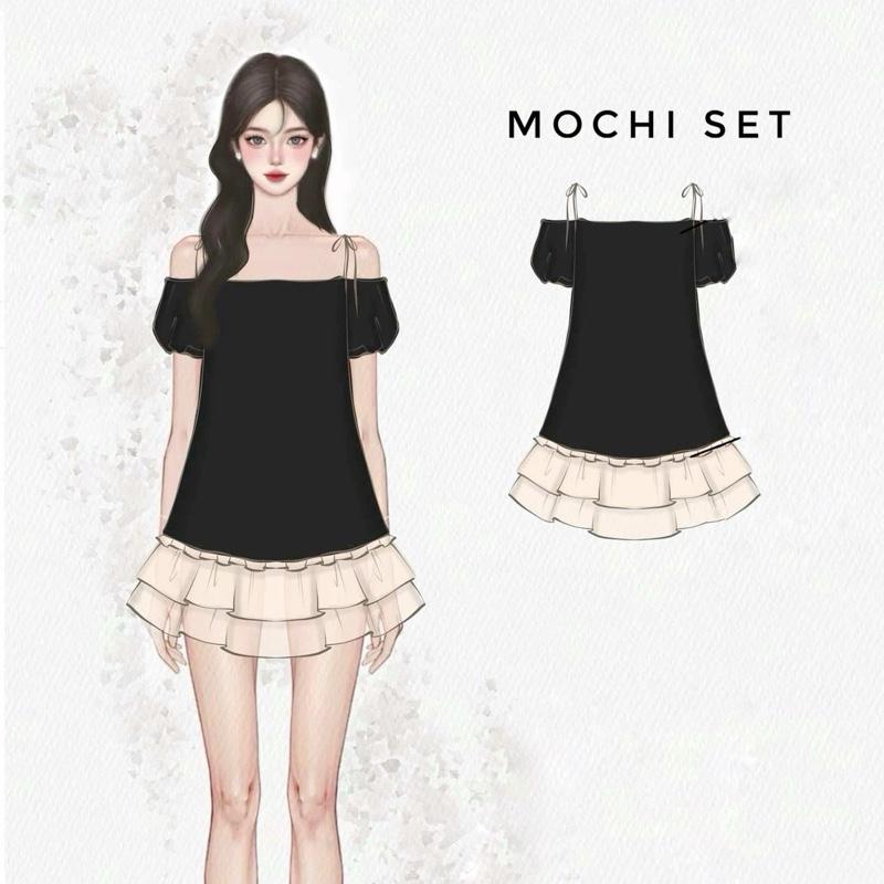 (XẢ KHO) Set áo nữ trễ vai Mochi phối tay bồng kèm chân váy 2 tầng, DILYSHOP_ V90