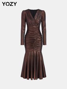 YOZY Women's Plain Ruched V Neck Dress, Elegant Fashion Casual Long Dress for Party Dating Wear, Women Dress for Fall & Winter