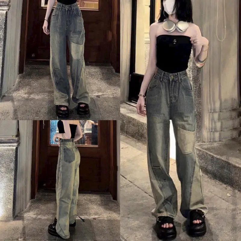 Quần Jeans Nữ Ống Rộng Phối Màu xinh cá tính 0