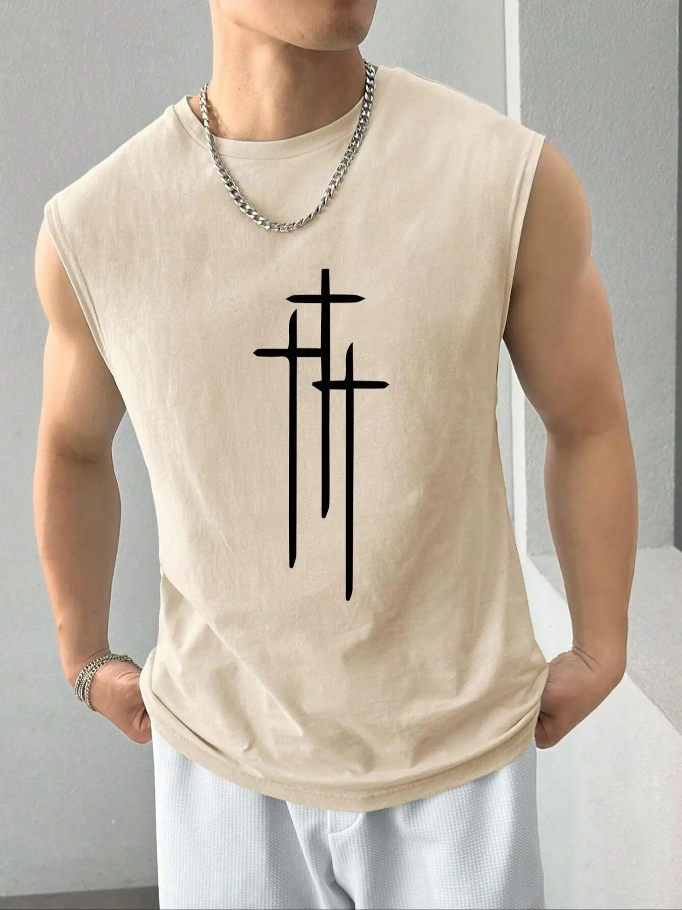 Men's Regular Fit Cross Print Round Neck Tank Top, Casual Sleeveless Crew Neck Top for Summer, Fashion Men's Clothes for Daily Wear, Vests