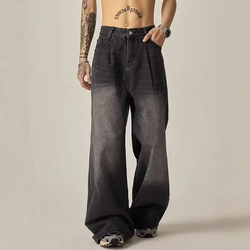 2024 Washed Black Wide Leg Jeans for Men - Loose Straight Fit Trousers |   Trendy High Waist Casual Pants |   American Streetwear Style
