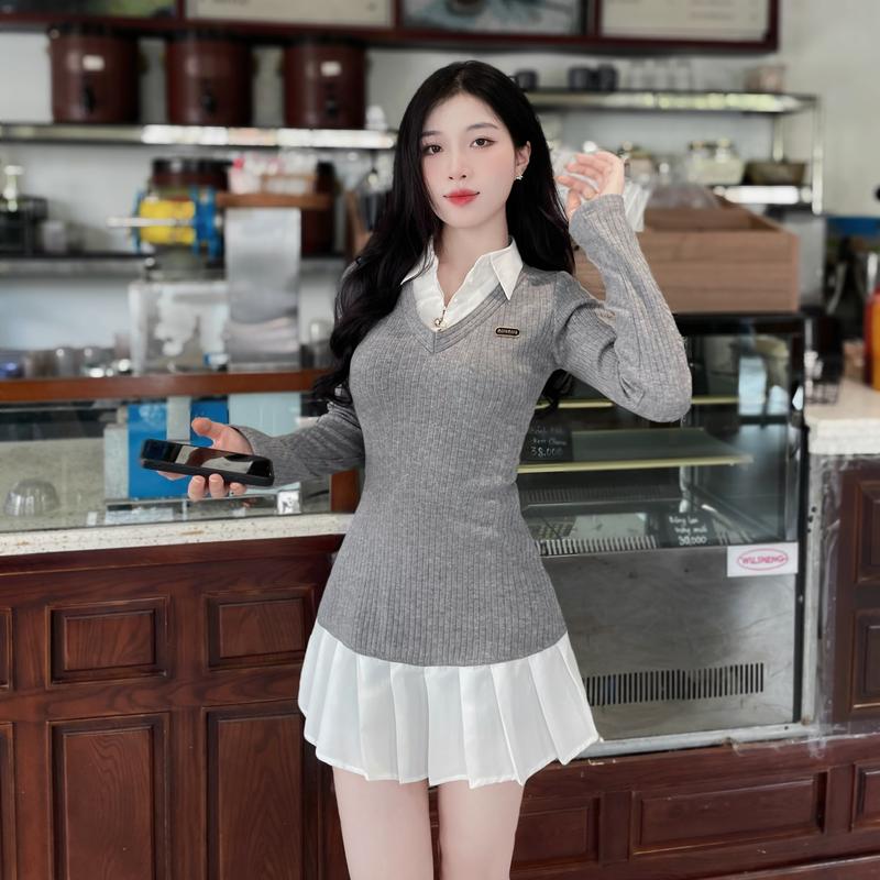Váy lông thỏ gân  phối cổ sơ mi tay dài phối đuôi váy dập ly xoè mix màu sang chảnh , trẻ trung [ M075 ]  Màu Xám