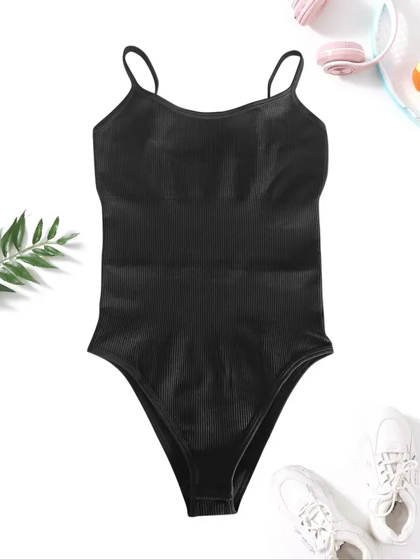 Sporty Women's Plain Button Adjustable Strap Cami Sports Skinny Bodysuit, Casual Sport High Stretch Tight-Fitting Sleeveless Bodysuit for Yoga Gym Workout, Ladies Sportswear for All Seasons Womenswear Tops Slim 8