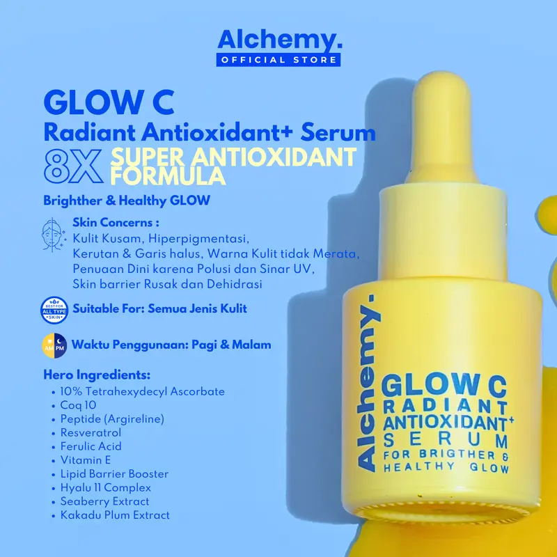 ALCHEMY GLOW C Radiant Antioxidant+ Serum Vitamin C Kulit Cerah dan ANTI AGING | All Skin Types | Perawatan Wajah Brightening Pencerah Kulit Kusam & Dark Spot , Penyamar Kerutan Ceramide Niacinamide Sea Berry Hyaluronic Acid Essence Mencerahkan 1