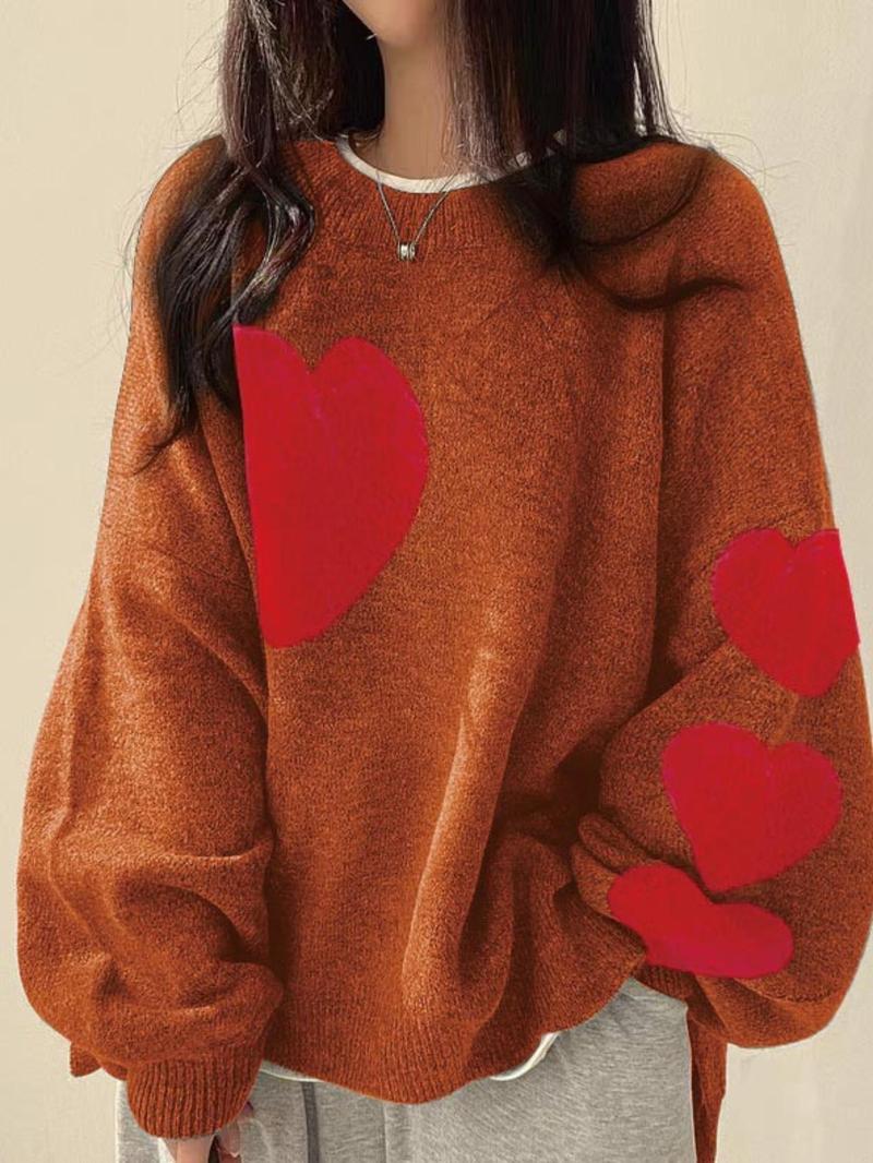 Product Introduction of 【Plus Size】 Colorblock Heart Pattern Crew Neck Sweater, Casual Chic Long Sleeve Pullover Jumper for Daily Outdoor Wear, Women Plus Clothing for Fall & Winter 5