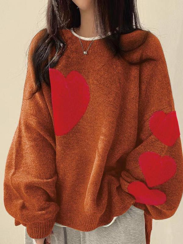 【Plus Size】 Colorblock Heart Pattern Crew Neck Sweater, Casual Chic Long Sleeve Pullover Jumper for Daily Outdoor Wear, Women Plus Clothing for Fall & Winter 4