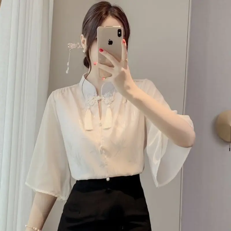 Áo Cánh Phong Cách Trung Quốc Dành Cho Phụ Nữ, Dáng Rộng Vừa Vặn, ngắn Tay Áo, Áo Sơ Mi Trắng, Ngoại Cỡ, Thời Trang, Thanh Lịch, Áo Cổ Điển 5