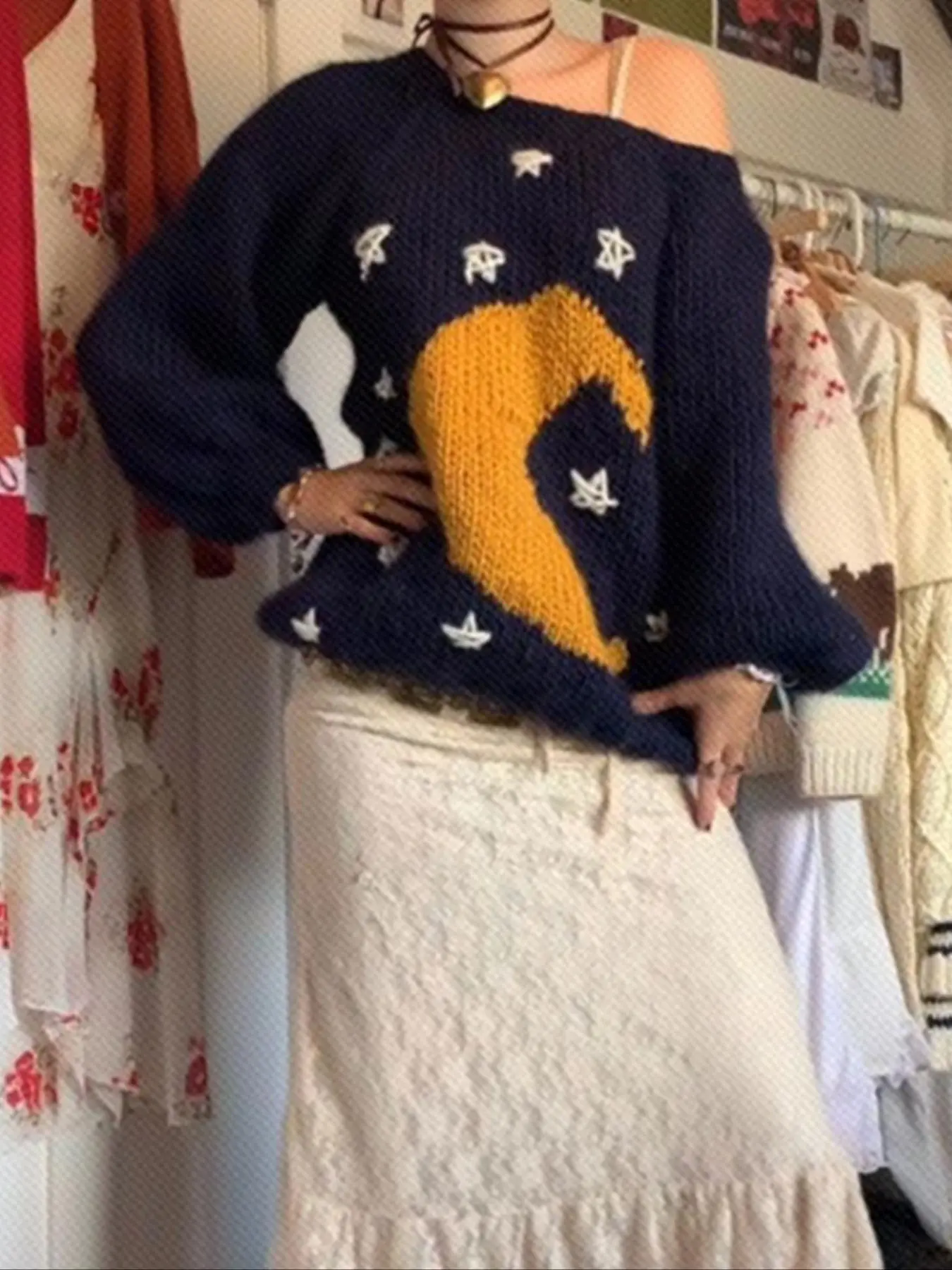 Women's Star & Moon Print Crew Neck Sweater, Casual Long Sleeve Jumper for Fall & Winter, Fashion Ladies' Knitwear for Daily Wear