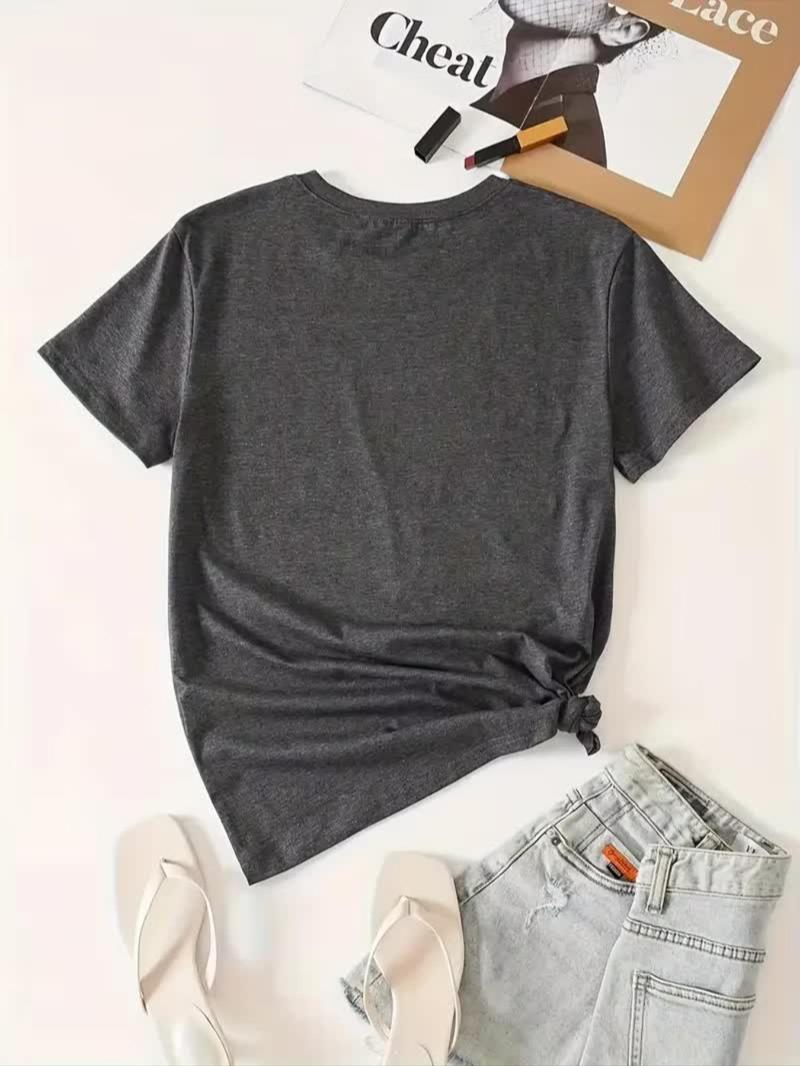 Product Introduction of 【Plus Size】 Cartoon Christmas Tree & Letter Print Round Neck Tee, Casual Short Sleeve Crew Neck T-Shirt for Summer, Women's Clothing for Daily Wear 7