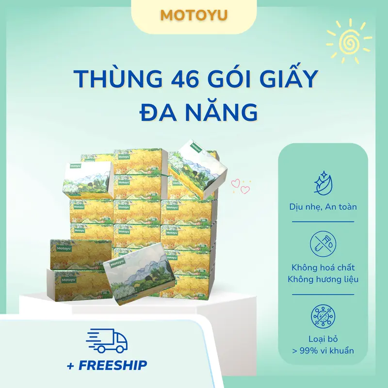 [MOTOYU ] THÙNG 46 GÓI Khăn Giấy Đa Năng 4 Lớp Mềm Mịn MOTOYU - Bột Gỗ Nguyên Chất - 280 Tờ/Gói - An Toàn Cho Da - Giấy Ăn, Khăn Ướt 1