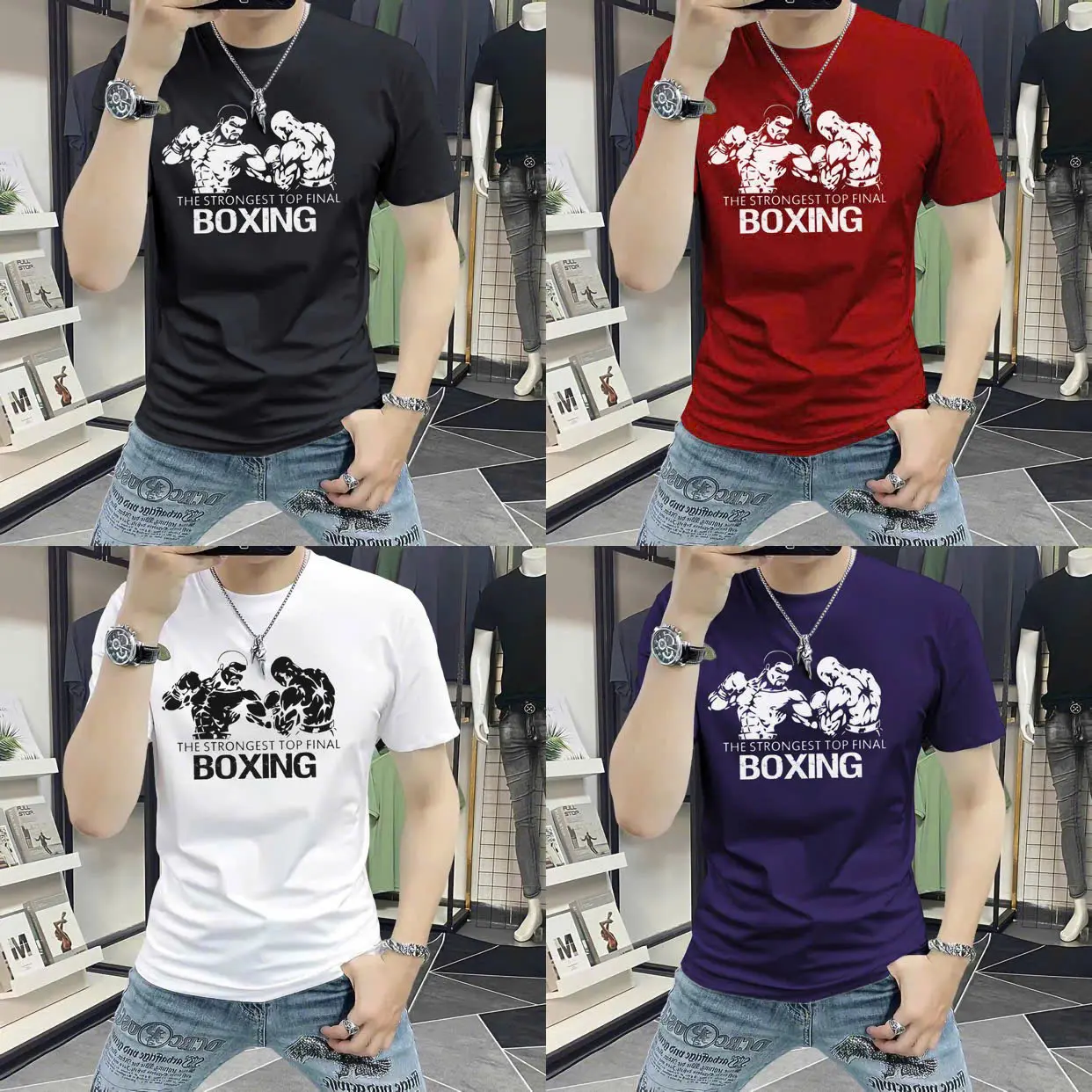 COMBO 4 ÁO 149K, áo thể thao nam,chất thun lạnh co giãn cổ tròn in hình Boxing Menswear áothun basic áonam Jean