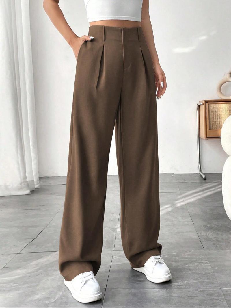 Product Introduction of Women's Solid Plicated Pocket Straight Leg Pants, Casual Comfy Trousers for Daily Wear, Ladies Bottoms for Fall & Winter 3