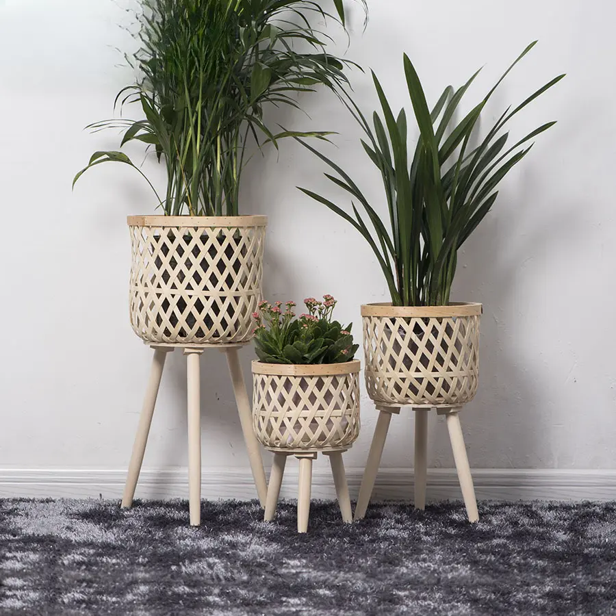 Nordic Style Rattan Flower Pot Indoor Balcony Living Room Plant Dill Hand-woven Wooden High-footed Floor Flower Stand