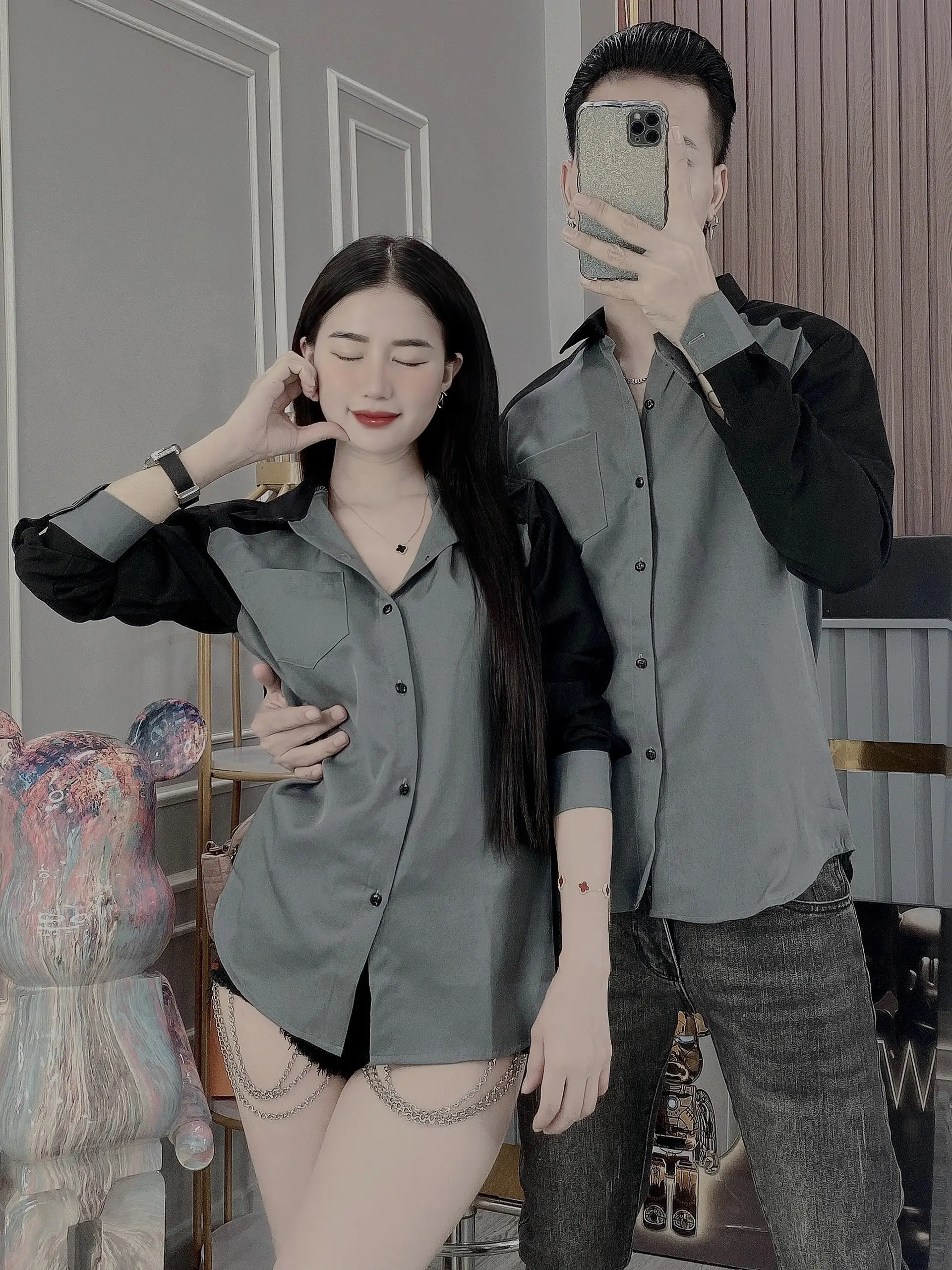 Áo sơ mi  nam nữ tay dài vải lụa mềm mịn phối màu trẻ trung-ATC99 SHOP  Menswear Shirt Kate