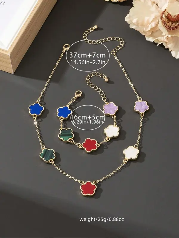 Flower Design Necklace & Chain Design Bracelet, Fashion Jewelry for Party, Daily Clothing Decor, Trendy All-match & Exquisite Jewelry for Birthday Gift 1
