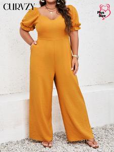 CURVZY Plus Size Plain Frill Trim Shirred Pocket Zipper Wide Leg Jumpsuit, Casual Comfort Breathable Loose Puff Sleeve Sweetheart Neck Jumpsuit for Summer Office Outfit, Women's Clothes for Daily Wear