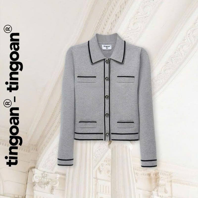 TINGOAN - Áo len xù cardigan cổ bẻ dáng lửng xám phối đường viền đen LILY ROSE JACKET GR