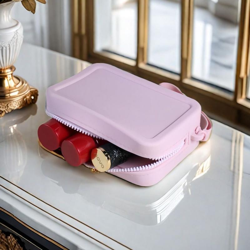 Creative Morandi Color Silicone Cosmetic Bag Coin Purse Rectangle Multifunction Storage Bag Makeup Brush Holder Large Capacity Small Item Bag Women 7