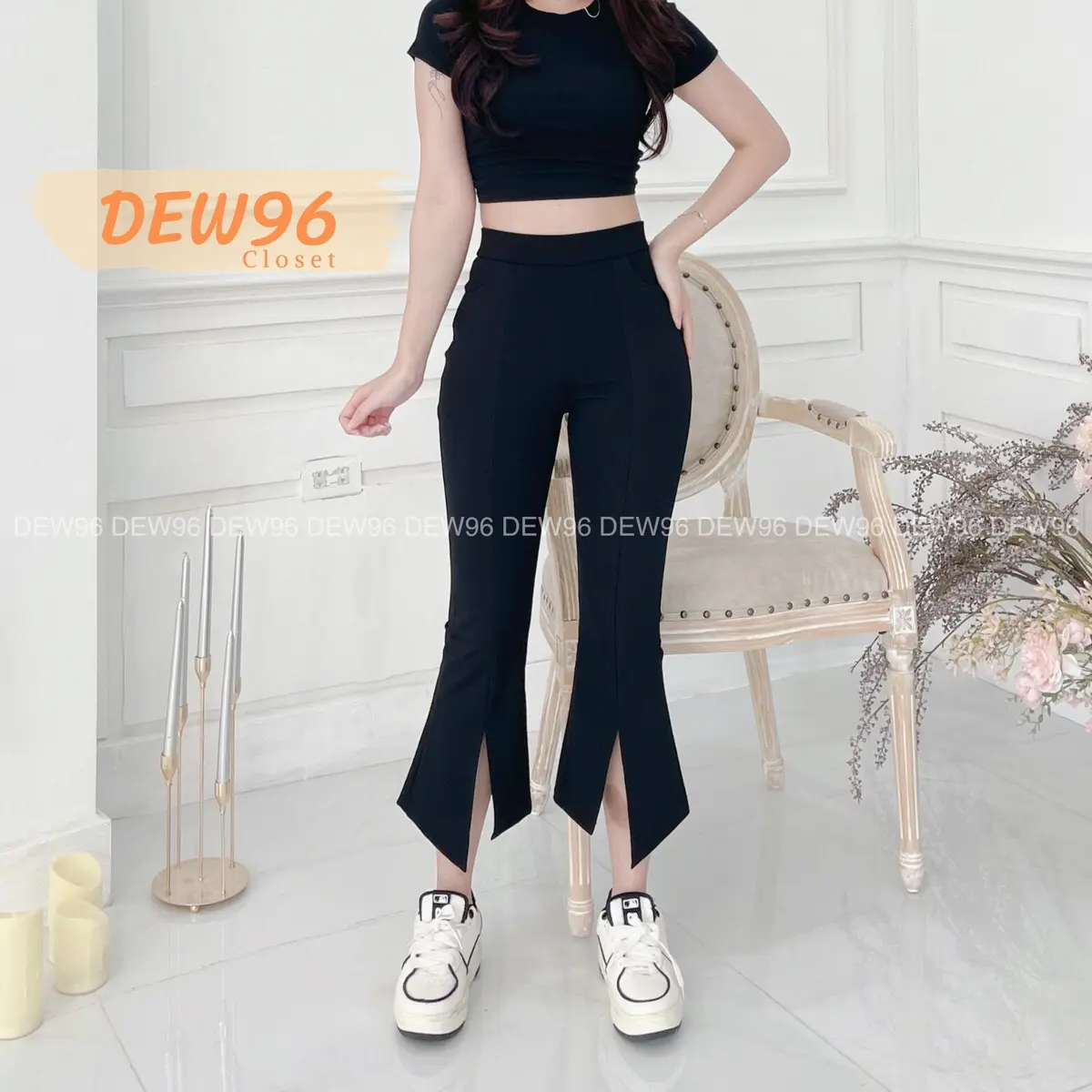 Quần ống loe nữ xẻ gấu lệch dáng ngắn chất vải umi hàn co giãn có túi trước