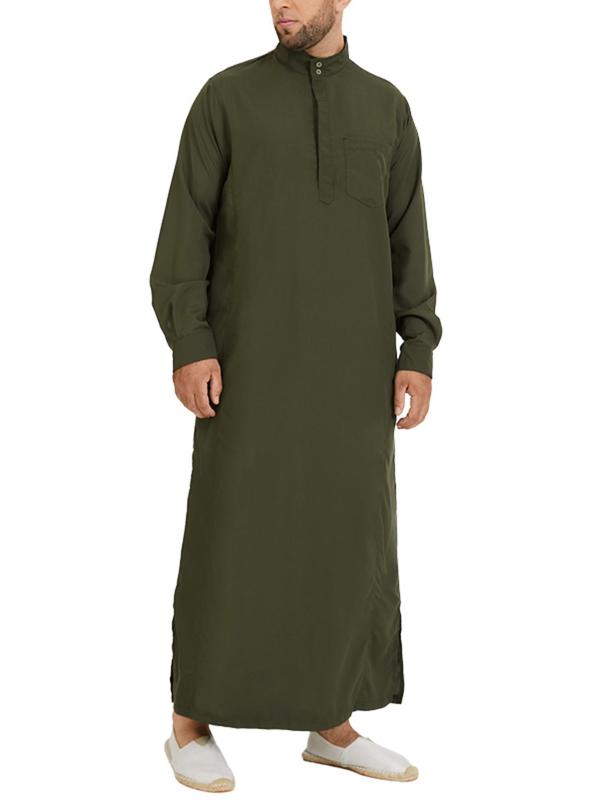 Men's Loose Solid Button Front Split Hem Kaftan, Modest  Mock Neck Pocket Arab Thobe, Casual Men's Islamic Clothing for Daily Wear 3