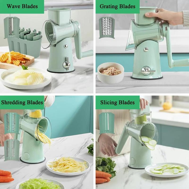 Product Introduction of Manual Rotating Cheese Grater, 1 Count 5 in 1 Replaceable Stainless Steel Blade Vegetable Chopper with Blade Storage Box, Multifunctional Vegetable Slicer for Home Kitchen Dining Room Picnic,  Kitchen Gadgets 5