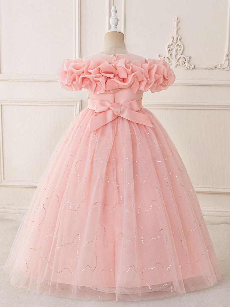 Product Introduction of Girl's Floral Embroidery Contrast Sequin Faux Pearls Zipper Back Fit and Flare Party Dress, Elegant Contrast Mesh Maxi Tutu Dress for Party Performance Wedding Guest, Kids Clothes for All Seasons 4