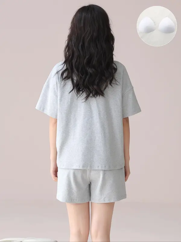 Women's 2 IN 1 Top & Shorts Pyjama Two-piece Set, Casual Comfy Round Neck Short Sleeve T-shirt & Shorts PJ Set, Ladies Sleepwear for Summer, Loungewear 1