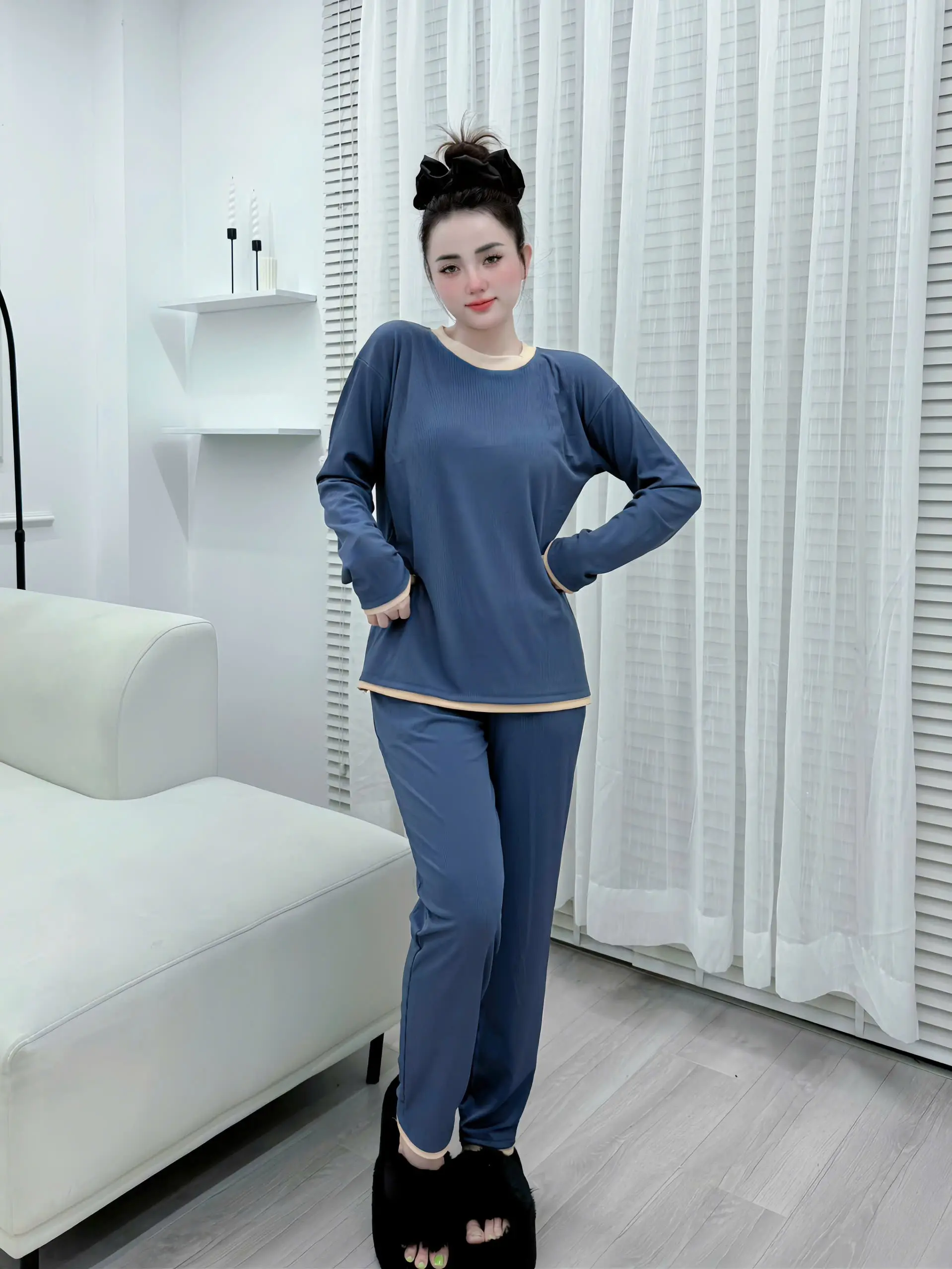 set đồ tay dài phối viền, đơn giản phù hợp mọi hoạt động,45-75kg thun gân. Mặc lạnh + ủ kem Nữ Women Áo Nhung Lịch Dài Tay