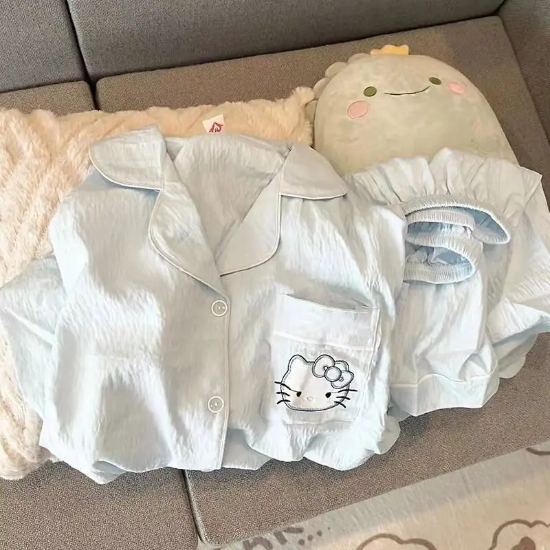 Bộ Đồ Ngủ Hello Kitty, Dễ Thương, Dành Cho Bé Gái, Bộ Đồ Mặc Nhà Mùa Hè, Hàng Mới Về, Phong Cách Người Nổi Tiếng Trên Internet Ins, Áo Cardigan, Có Thể Mặc Ngoài Trời