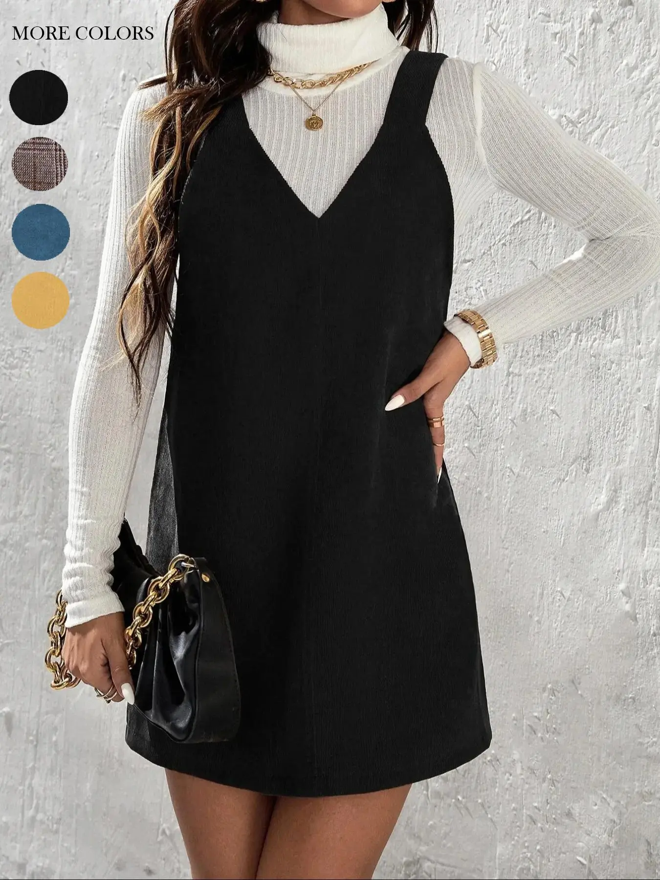 Women's Solid Color Corduroy Vest Dress without Sweater, Casual Sleeveless Straps Short Dress for Daily Wear, Year-round Dresses, Ladies Clothes for All Seasons, Workwear for Women