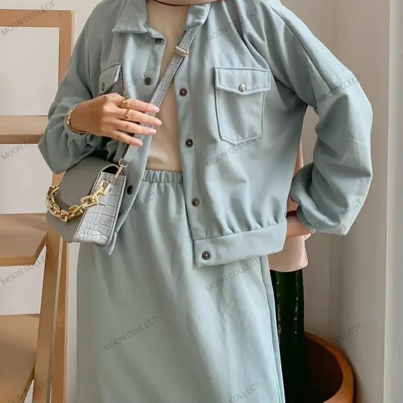 One Set Jaket Bomber Varsity Rok Basic Polos Outer Wanita Oversize | Moon Collect 0