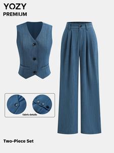 YOZY Women's Solid Color Vest Blazer & Wide Leg Pants Two-piece Set, Casual Fashion Comfy Vest Top & Trousers for Daily Outdoor Wear, Women's Clothing for Spring & Fall