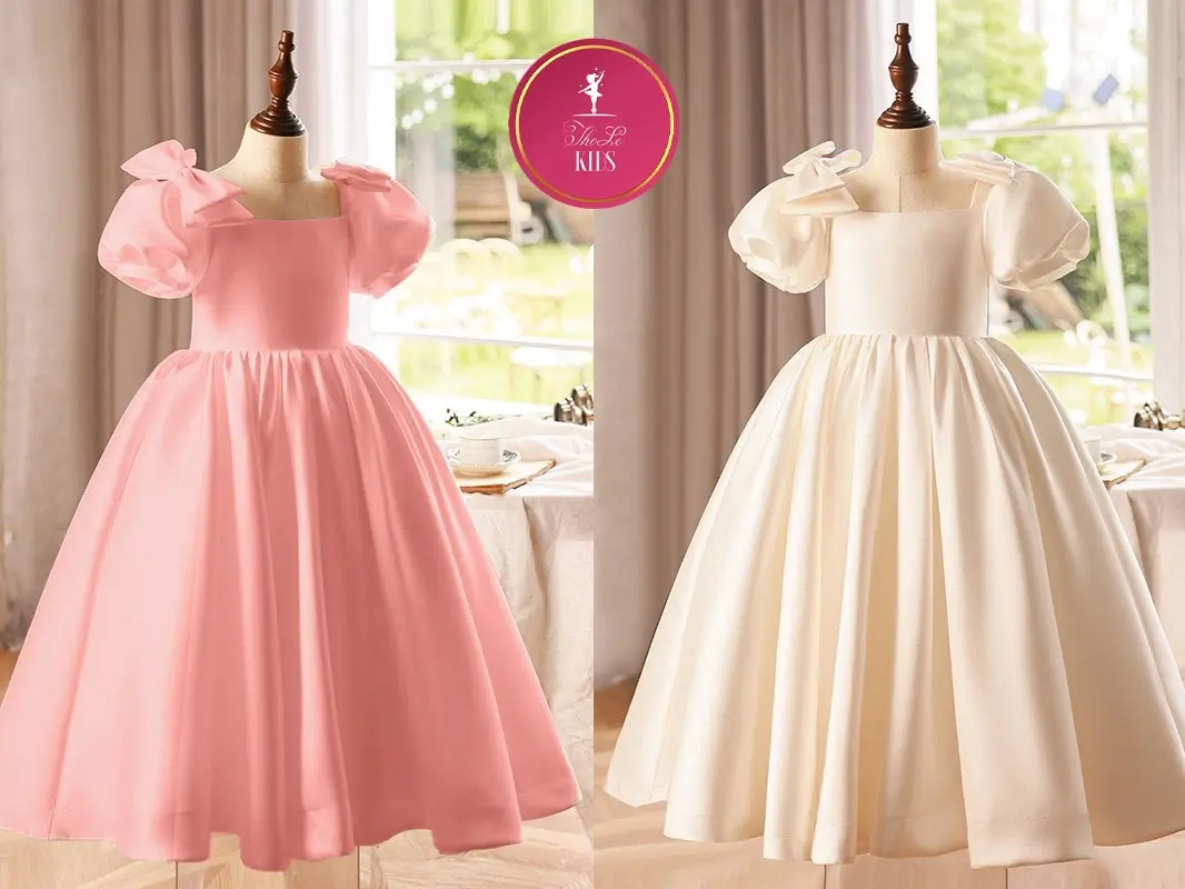 Đầm Váy Công Chúa Nơ Vai Màu Da, Hồng Cho Bé Gái ThoLeKids - CC297
