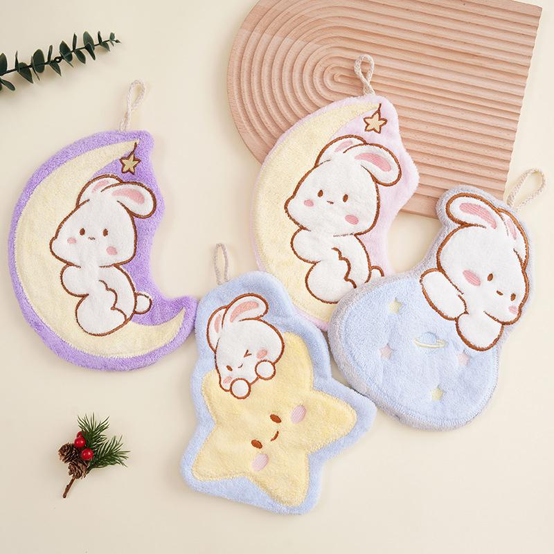 Product Introduction of Cute Rabbit Pattern Hand Towel Soft Hanging Towels Absorbent Coral  Towel Kitchen Bathroom Double-thickness Hand Towel 25