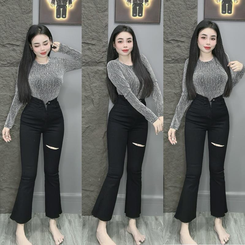 (Diễm bella shop)Quần Jean Bass Lở Lưng Siêu Cao Rách Nhẹ 1 Đường (90cm) cắt lai 2