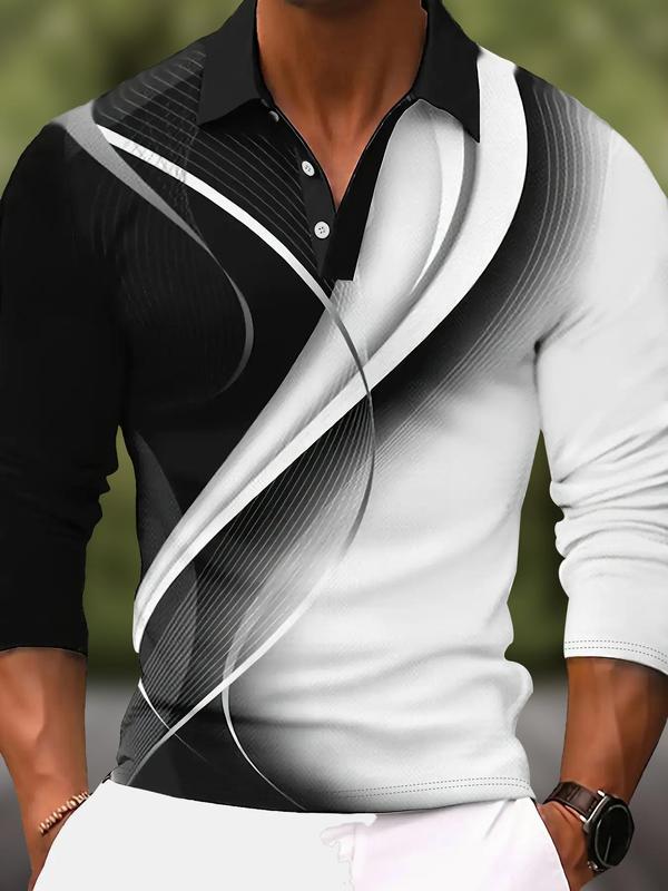 Men's Geometric Colorblock Print Polo Shirt, Fashion Casual Regular Fit Long Sleeve Half Button Front Top for All Seasons, Men's Clothes for Daily Wear 0