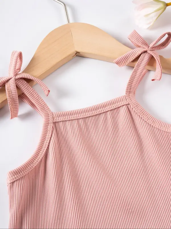 Toddler Girl's Solid Ribbed Tank Top & Shorts Two-Piece Set, Cute Casual Sleeveless Top & Shorts for Summer, Kids Clothes for Daily Wear, Outfit, Baby Clothing 3