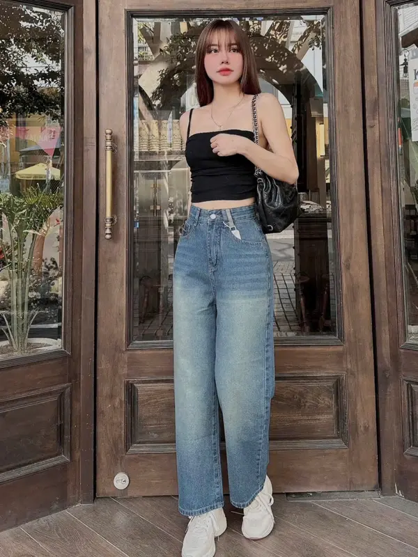 (Suông nấm lùn-95cm) Quần jeans suông nấm lùn thêu minmin, tông màu xanh nhạt bụi, chất jean sotton không giản 208 Nữ Women Pants 4