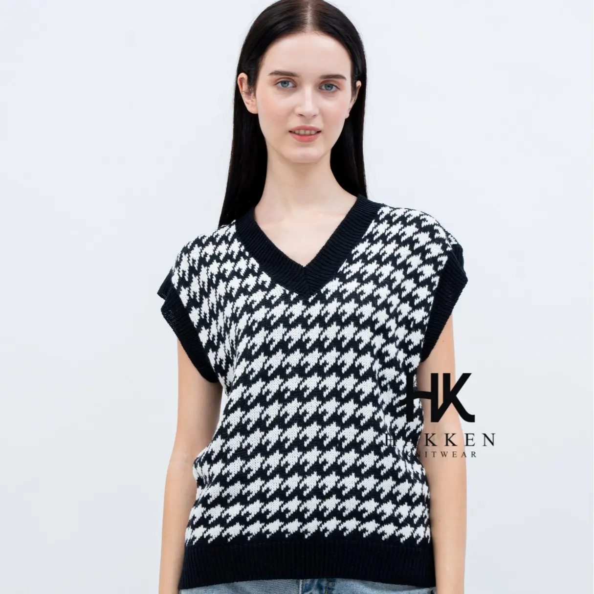 Rompi  Outer Wanita Jennie Rajut Houndstooth Vest Motif Panjang Atasan Hitam Top atasan  rajut