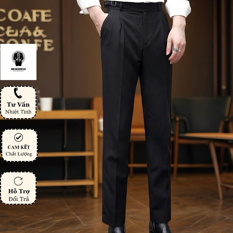 Quần Âu Cạp Cao Lệch Đai Premium 2 Ly, Quần Âu Chât Vải 81 Dày Dặn, May Kĩ - Hàng Cao Cấp - Lưng Cao Nam Menswear Pants Đen