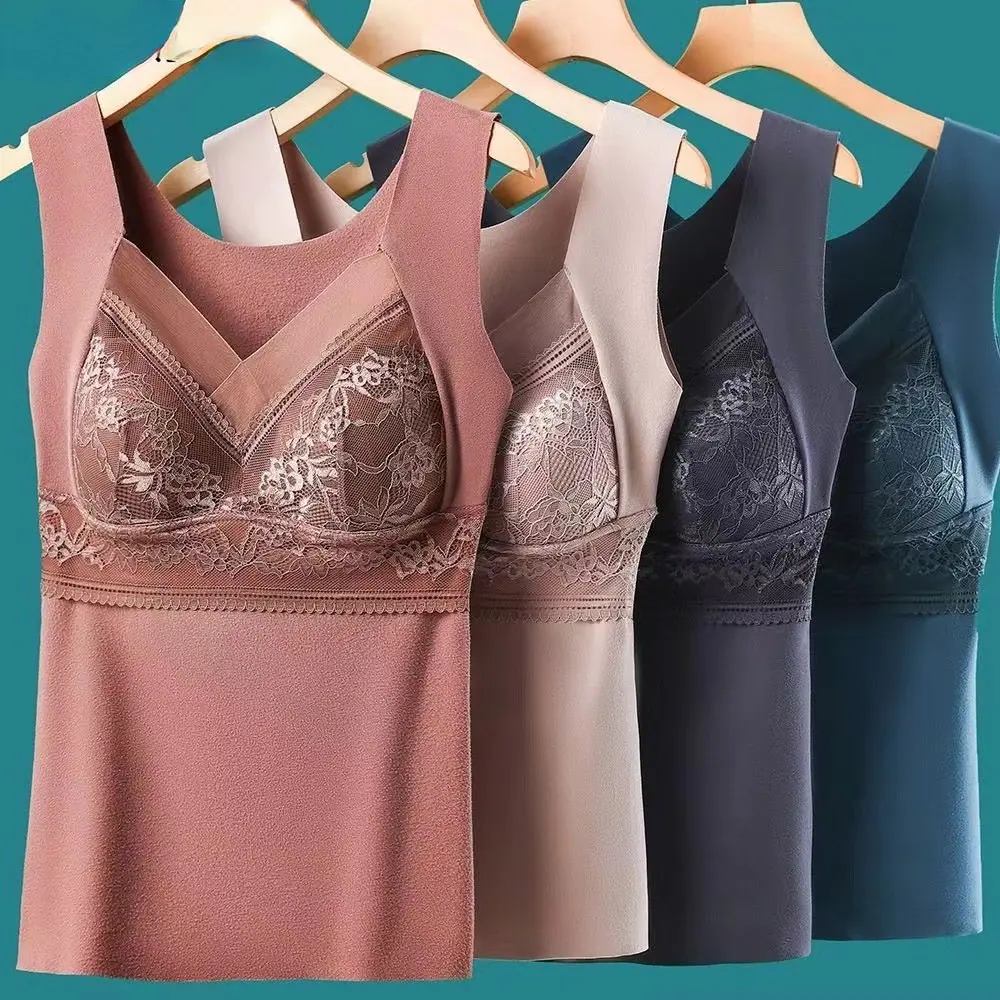 New Lace Warm Vest Women with Chest Pad One-Piece Fleece-Lined Thickened Traceless Basic Thermal Underwear Women