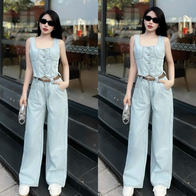 Set bộ nữ jean 3 món áo cài nút thật cột tay mix quần dài ống suông kèm dây nịt xinh xắn tông dáng dành cho các nàng diện đi chơi. Women top