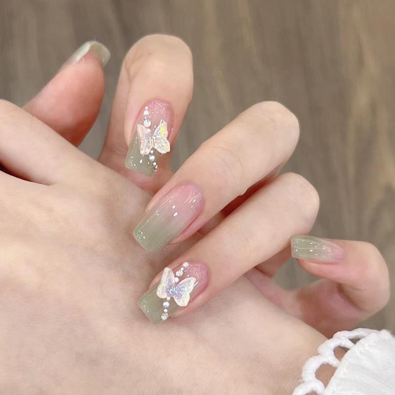 24pcs Ombre 3D Butterfly Decor Glitter Long Square Fake Nail, Press on False Nail For Women & Girls, Removable Nail Art Artificial Full Cover, Women Girls DIY Manicure 2