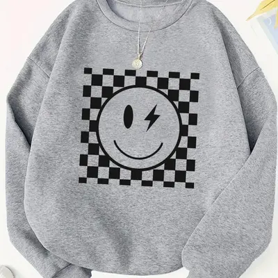 Color block smile face printed round neck long sleeve hoodie hotsell