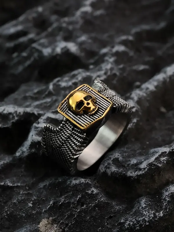 Vintage Stainless Steel Engraved Skull Wide Ring, Punk Fashion Accessories for Both Men & Women 5