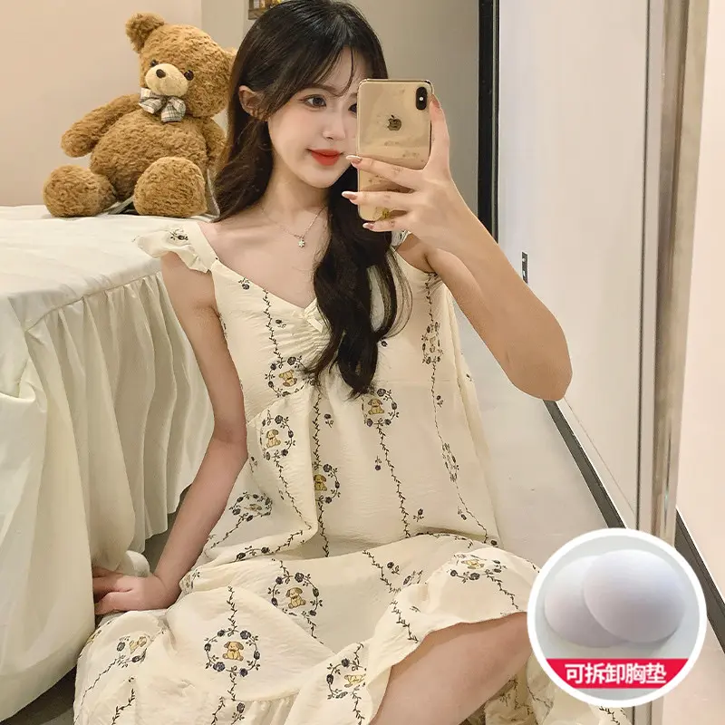 There is a New Style Cotton Cloud Chest Pad Mid-Length Summer Women's Nightgown with Small Flutter Sleeves Sweet Style Homewear Sleepwear Set