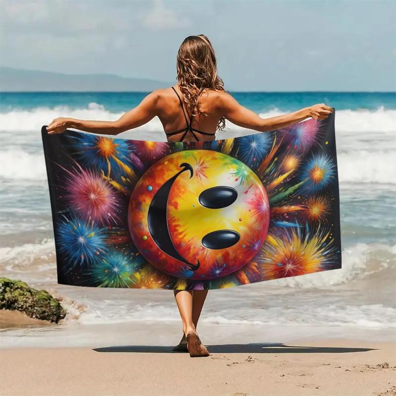Product Introduction of Emoji Face Pattern Beach Towel, Soft Absorbent Towel for Swimming, Bathing, Camping Beach Essentials, Portable Towel for Women & Men 0