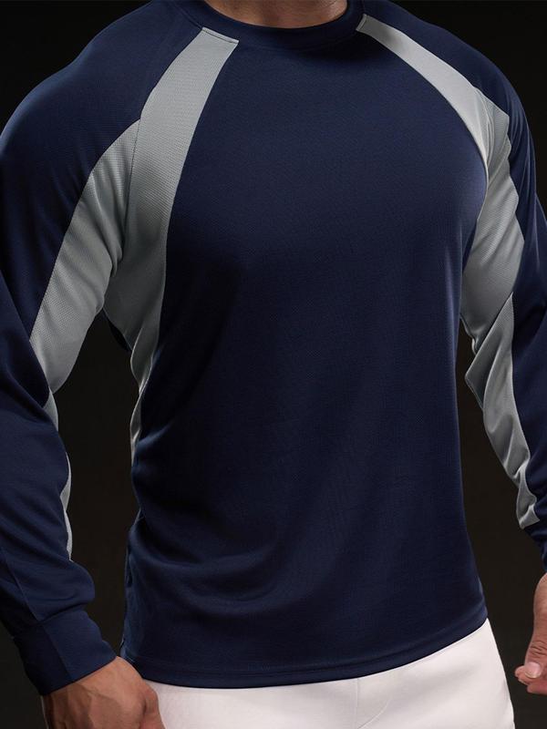 Men's Colorblock Long Sleeve Ice Silk Tee, Regular Fit Casual Round Neck Quick Drying T-shirt for Daily Wear, Men's Top for All Seasons 4